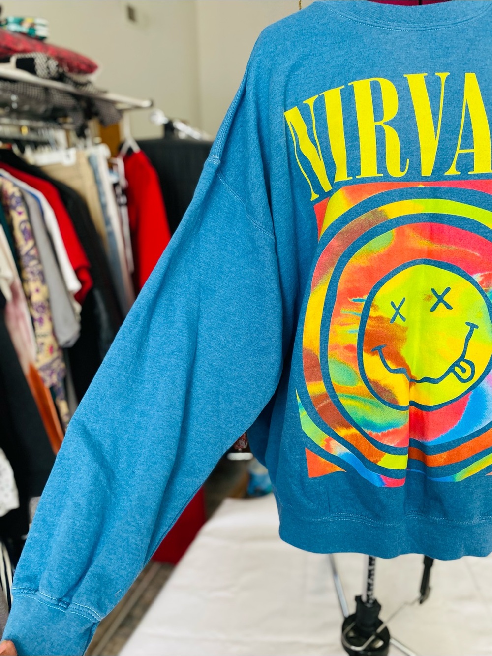NIRVANA Teal Crewneck with Multicolor Tie-Dye Smiley - Picture 2 of 6